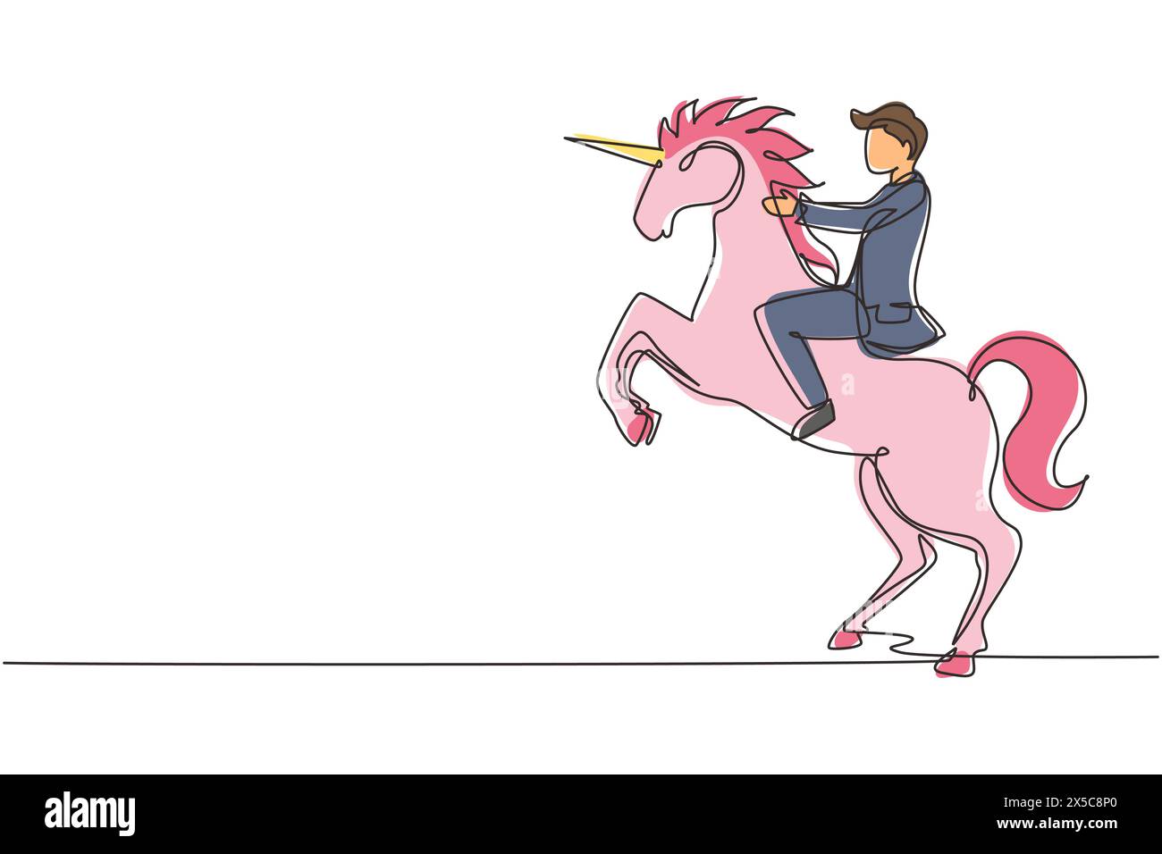 Un uomo d'affari che guida un unicorno, simbolo di successo. Concetto di startup aziendale, che guarda all'obiettivo, al raggiungimento, alla leadership. O Illustrazione Vettoriale