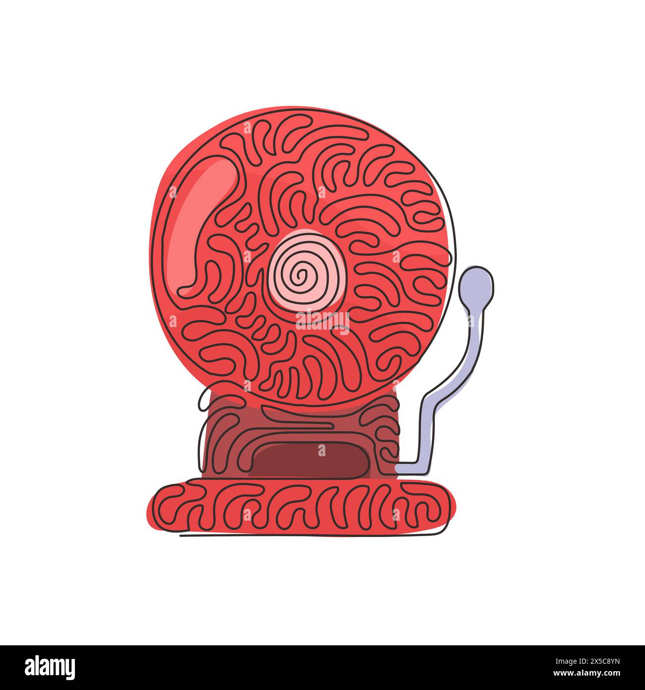 Linea singola continua che disegna il dispositivo di segnalazione del sistema di allarme antincendio rosso. Prevenzione, emergenza, campanello di avvertimento. Equipaggiamento e strumento per vigili del fuoco. Arriccia i capelli Illustrazione Vettoriale