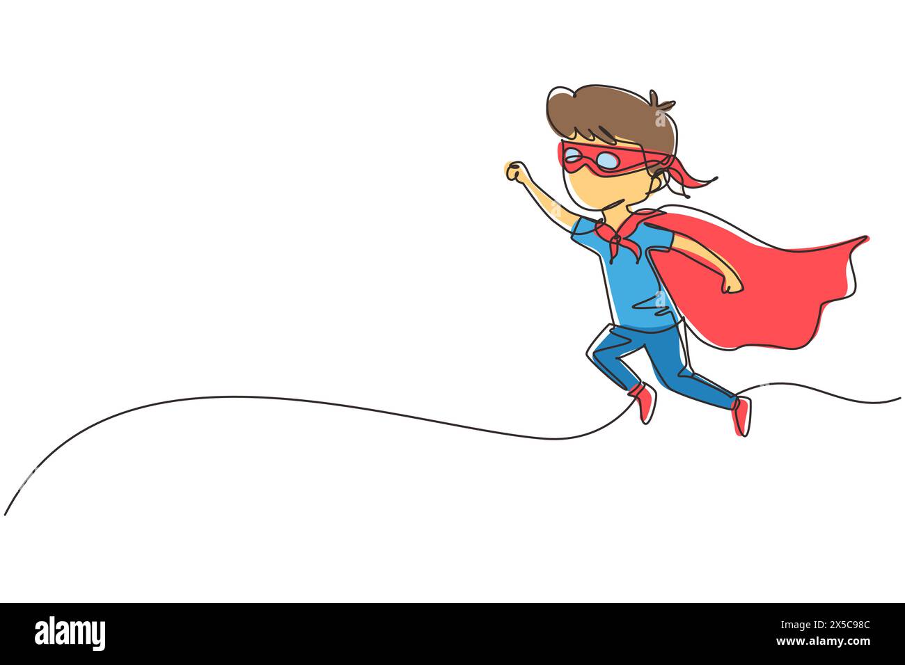 Un solo disegnatore a linea continua vola attraverso l'aria in posa da supereroe con la mano allungata. Ragazzo in costume da super eroe con maschera sul viso e cl Illustrazione Vettoriale