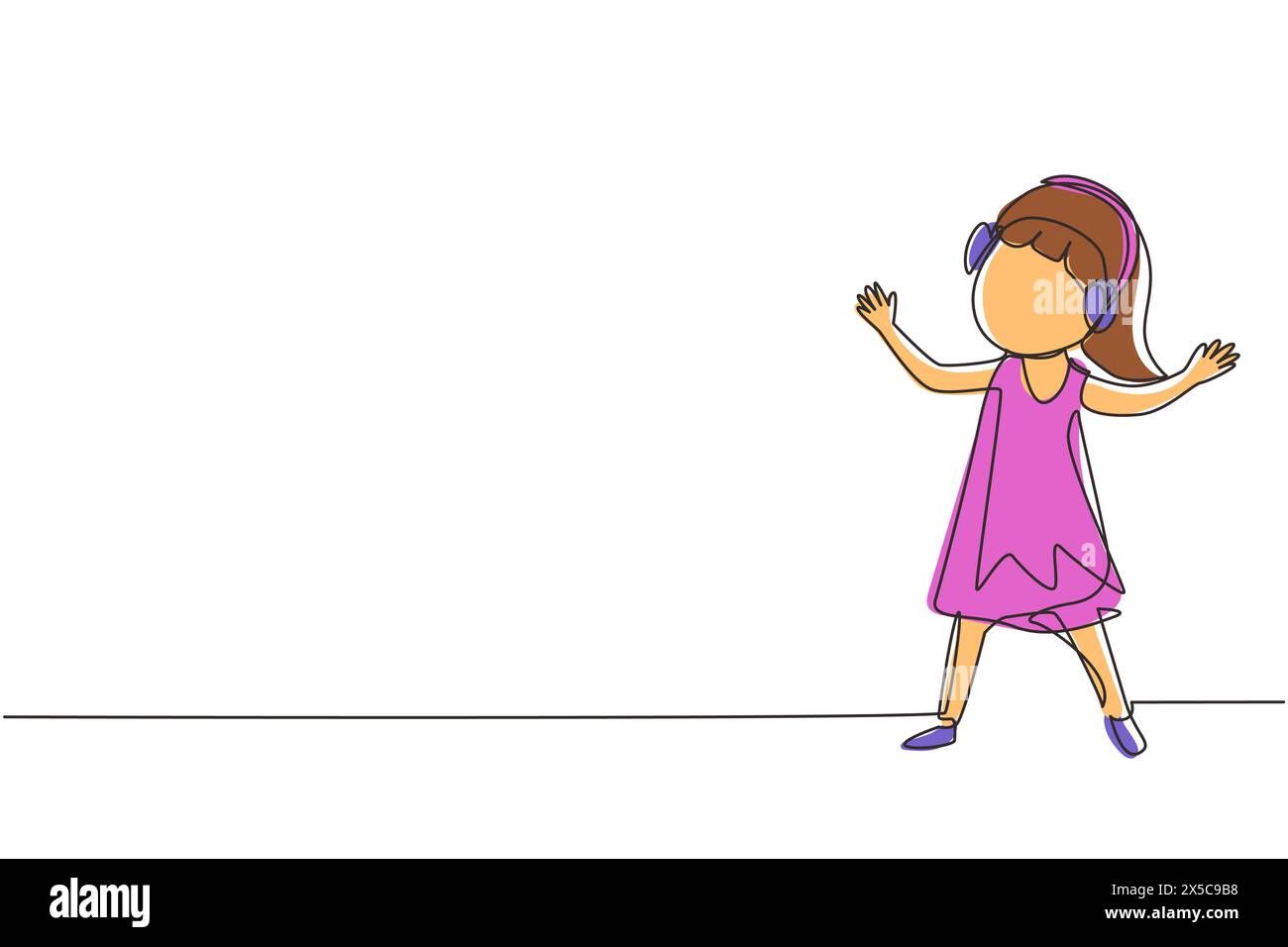 Una sola linea di disegno che ascolta la musica con le cuffie sulla testa. Bambino che indossa auricolari e cuffie, ascolta musica e balla. Con Illustrazione Vettoriale