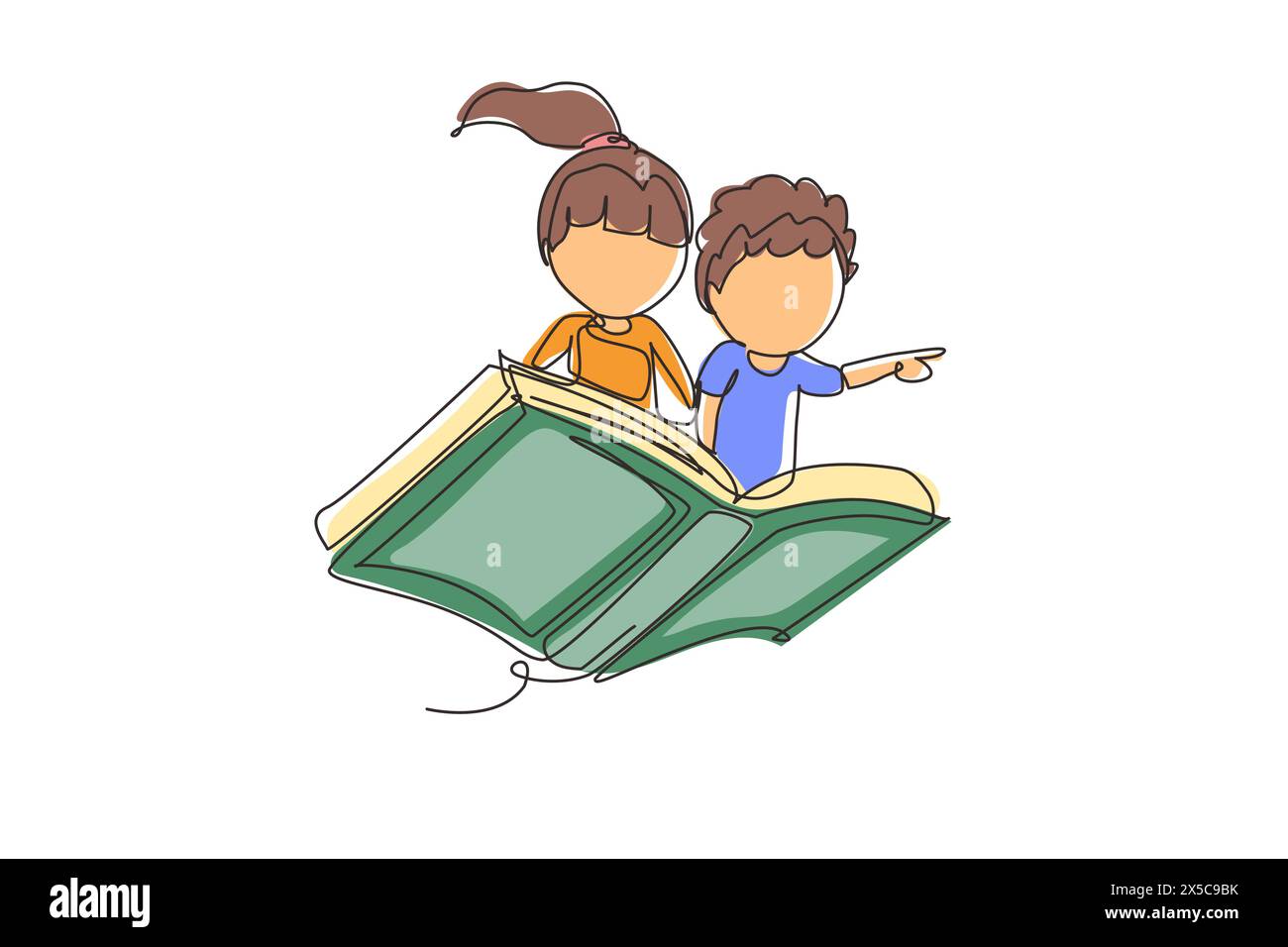 Una sola linea disegna un bambino e una ragazza, uno studente o un bambino in età prescolare che vola su un libro magico. Ragazzi felici che volano sul libro. Concetto di potere della conoscenza. Conti Illustrazione Vettoriale