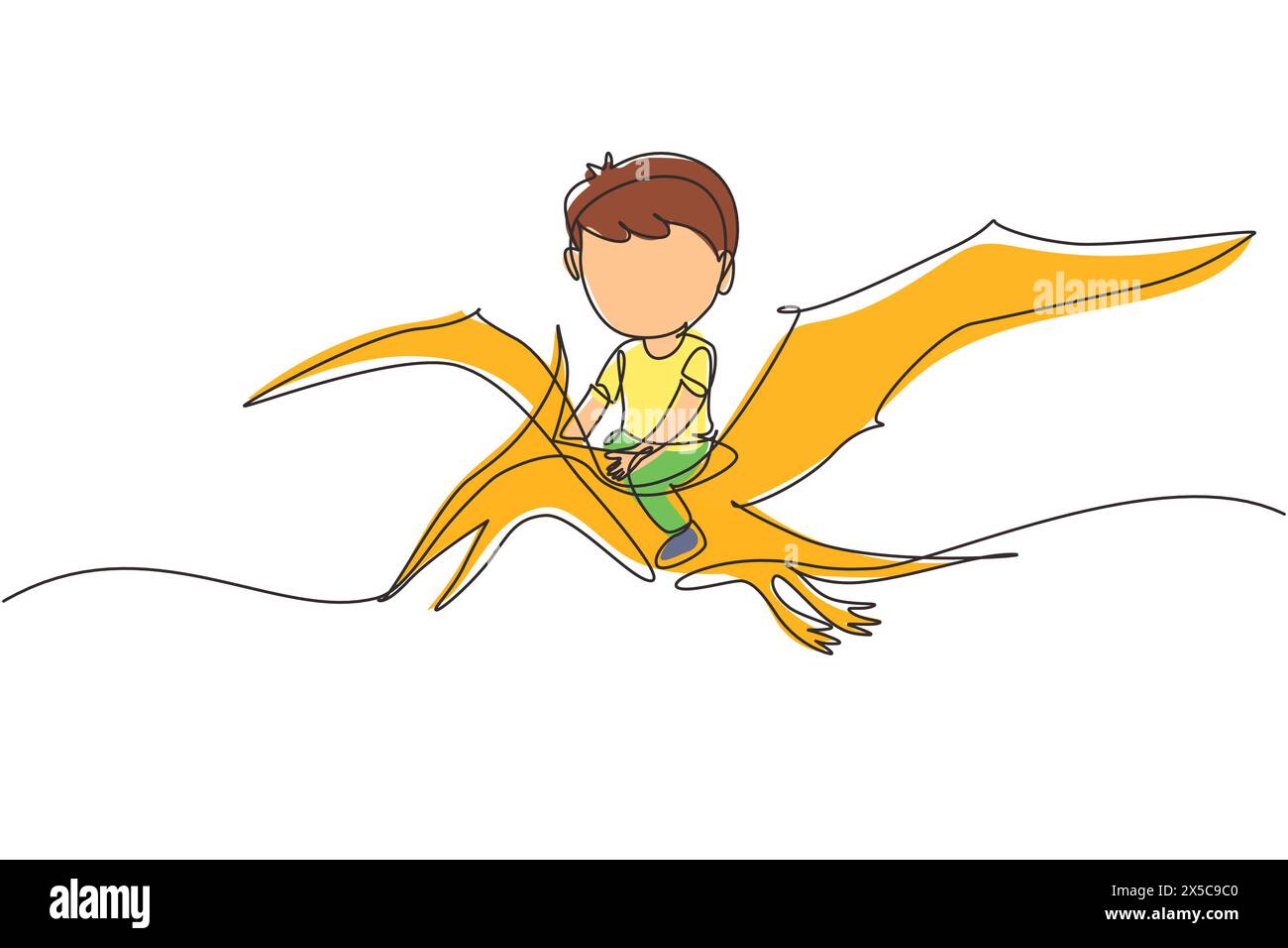 Linea singola continua che disegna ragazzo cavalcando dinosauro volante. Pterodattilo cavalca con un bambino seduto sul retro del dinosauro e volando in alto nel cielo. Dinamica Illustrazione Vettoriale