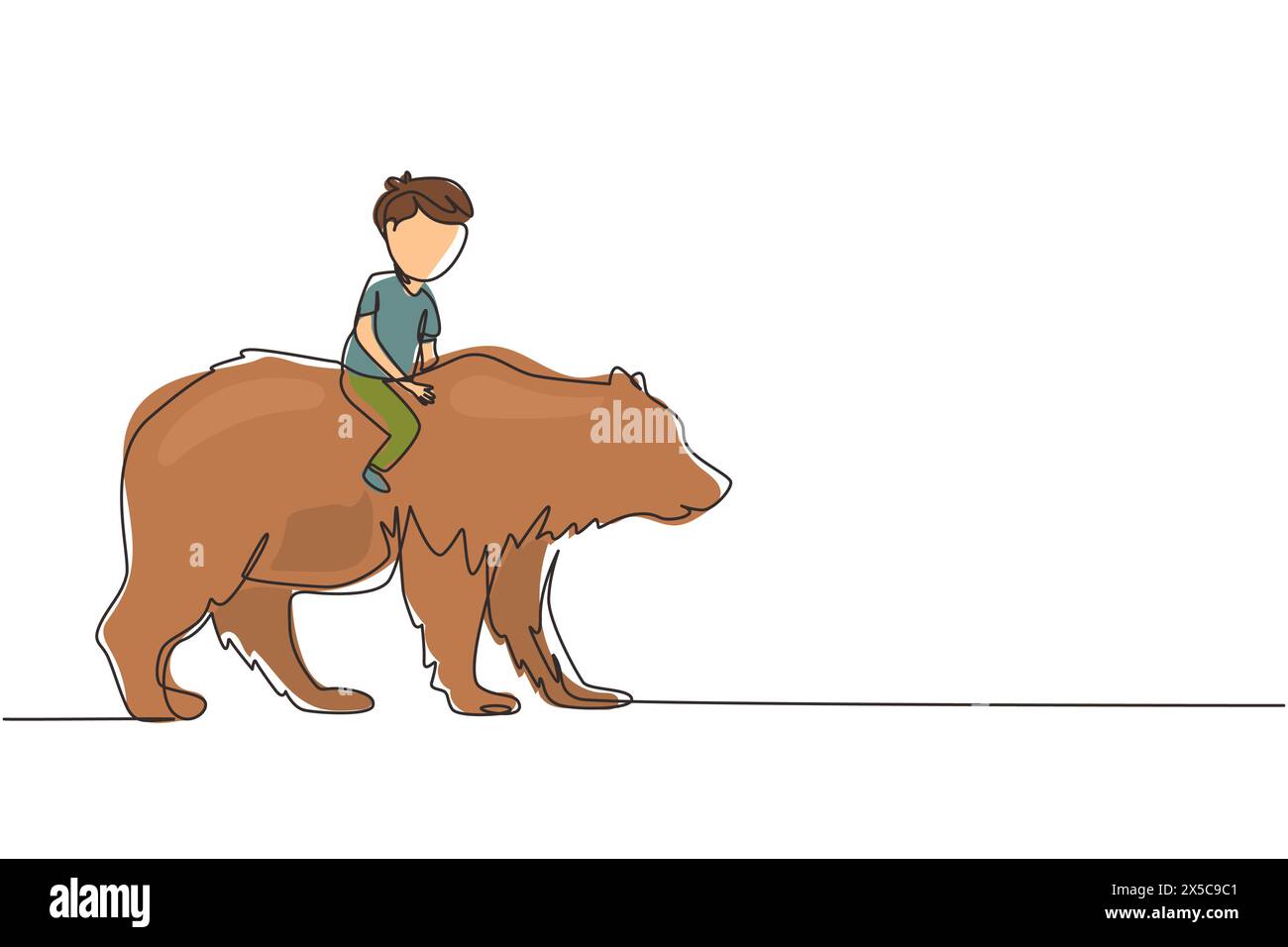 Una sola linea disegnando un bambino felice che cavalca l'orso grizzly marrone. Bambino seduto sul dorso grande all'evento circense. I bambini imparano a cavalcare l'animale bestia Illustrazione Vettoriale