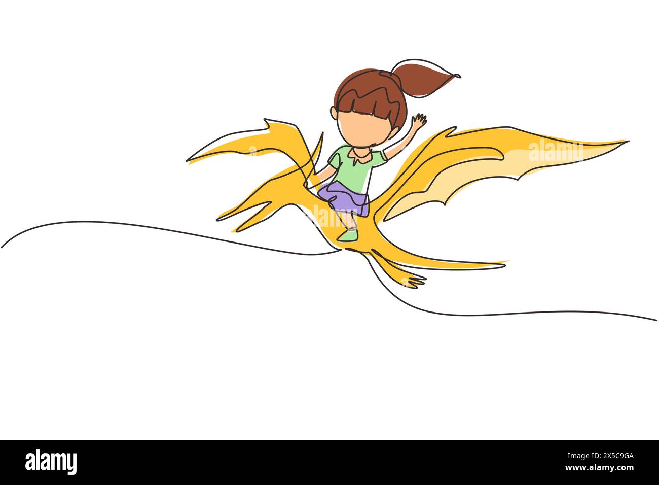 Una linea continua che disegna una ragazza che cavalca un dinosauro volante. Pterodattilo cavalca con un bambino seduto sul retro del dinosauro e volando in alto nel cielo. Singolo li Illustrazione Vettoriale
