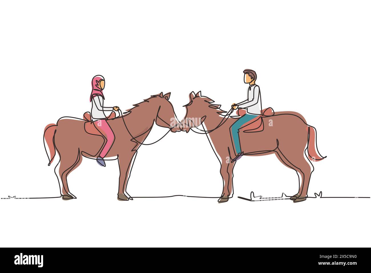 Una linea singola che attira una romantica coppia araba innamorata a cavallo. Giovani uomini e donne si incontrano per uscire con ride Horse. Fidanzamento e relazione d'amore. Illustrazione Vettoriale