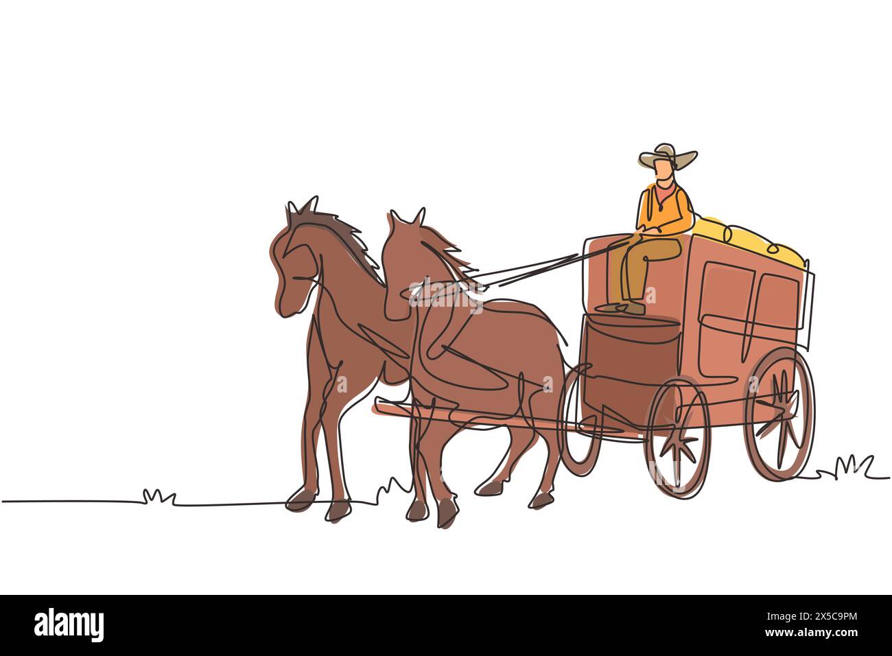 Una linea continua che disegna una vecchia carrozza trainata da cavalli selvaggi del West con pullman. Carrozza Western d'epoca con cavalli. Vagoni selvaggi coperti nel deserto. Illustrazione Vettoriale