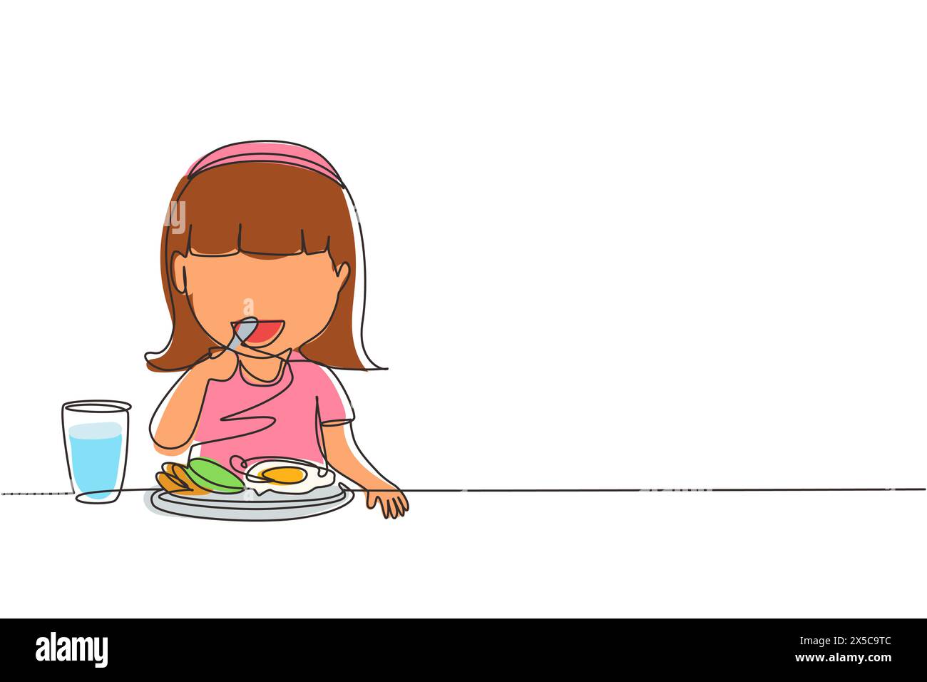 Continua una linea disegno ragazza che mangia sano cibo per la colazione mattutina. I bambini felici mangiano cibo delizioso con il latte a casa. La studentessa si diverte a mangiare. S Illustrazione Vettoriale