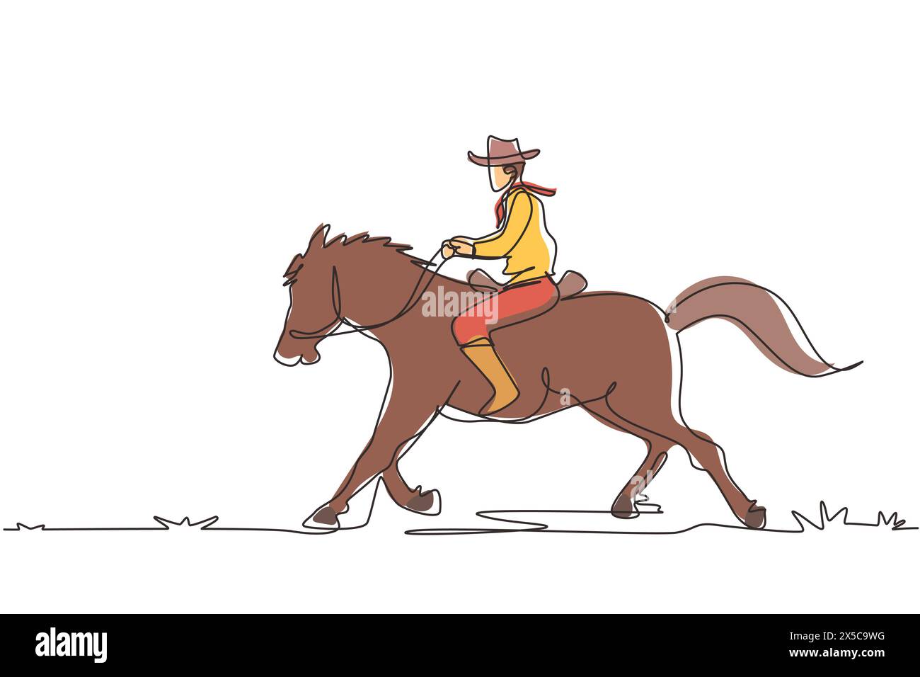 Una linea continua che attira il selvaggio West e il deserto con un cavallo da cowboy. Mustang e Person all'aperto al tramonto. Icona cowboy e cavallo o logo. Si Illustrazione Vettoriale