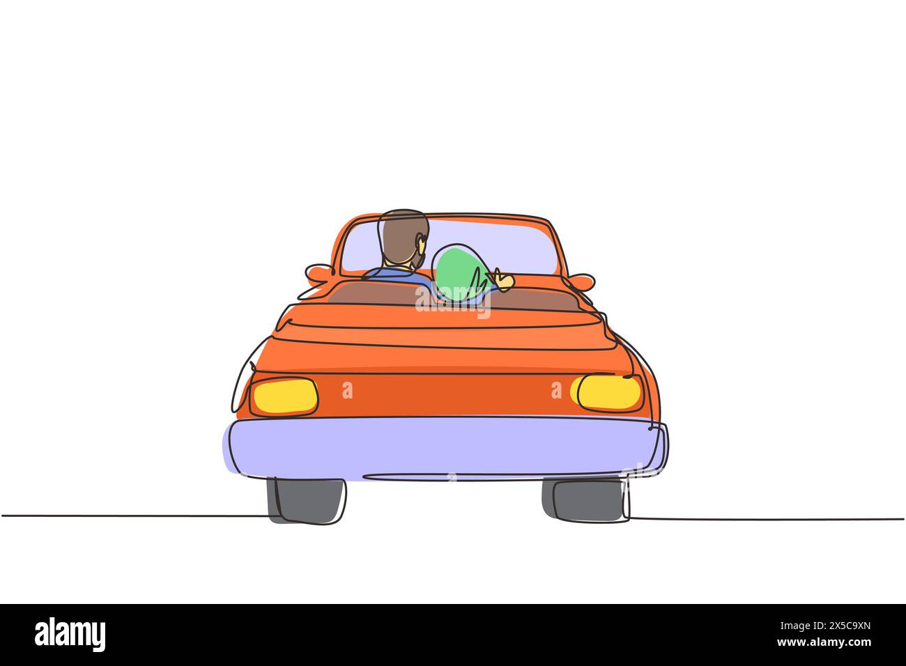 Una linea continua che disegna sul retro una coppia araba che ama sedersi e abbracciare in un'auto convertibile. Uomo donna che si prepara per il matrimonio. Coinvolgimento Illustrazione Vettoriale