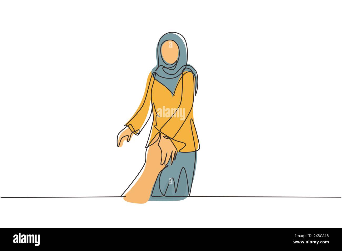 Una linea continua che attira una donna araba che cammina per una romantica vacanza di luna di miele, tenendo la mano del marito che la segue, vista da dietro. Colpo di stato Illustrazione Vettoriale