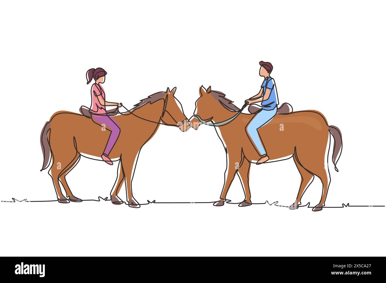 Linea singola continua che disegna una coppia romantica in amore a cavallo. Giovani uomini e donne si incontrano per uscire con ride Horse. Fidanzamento e relazione d'amore Illustrazione Vettoriale