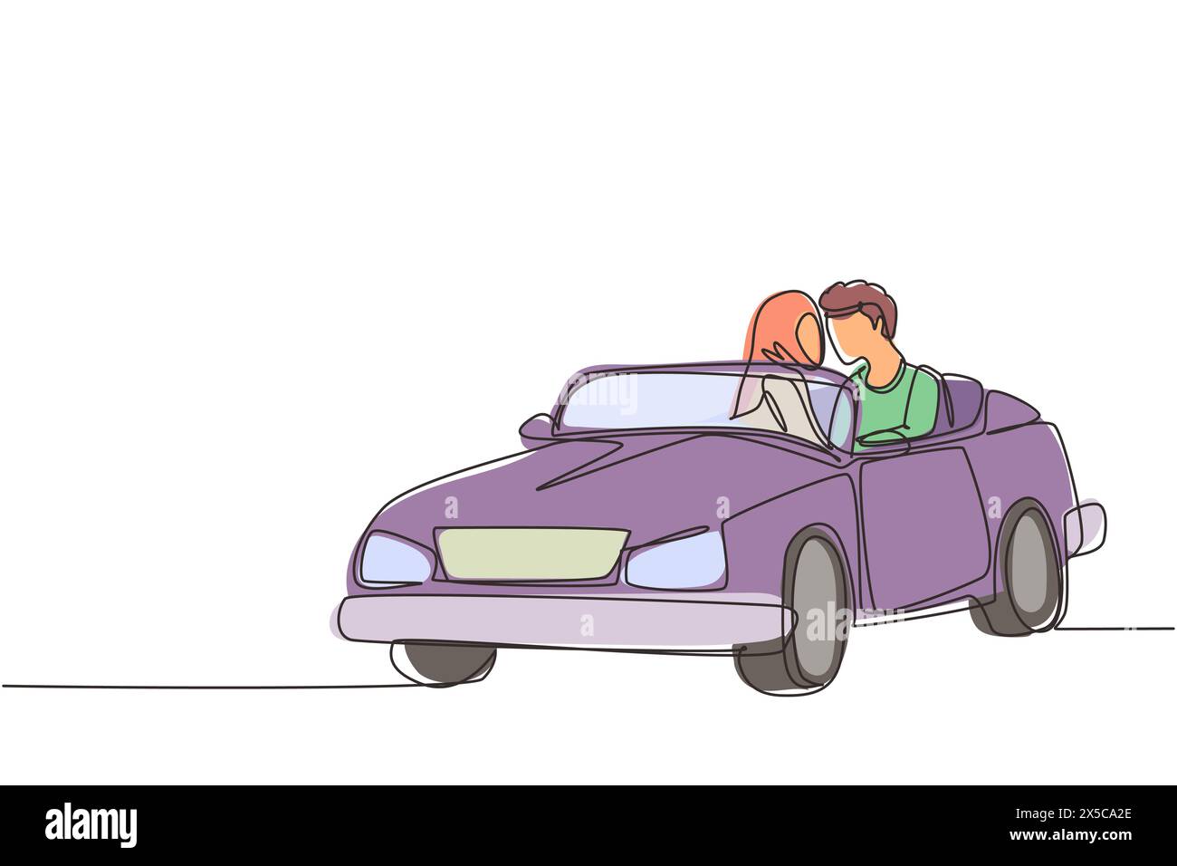 Una linea continua che disegna una romantica coppia araba in auto durante un viaggio su strada. Uomo e donna allegri che guidano in cabriolet. Vacanze estive di coppia Illustrazione Vettoriale