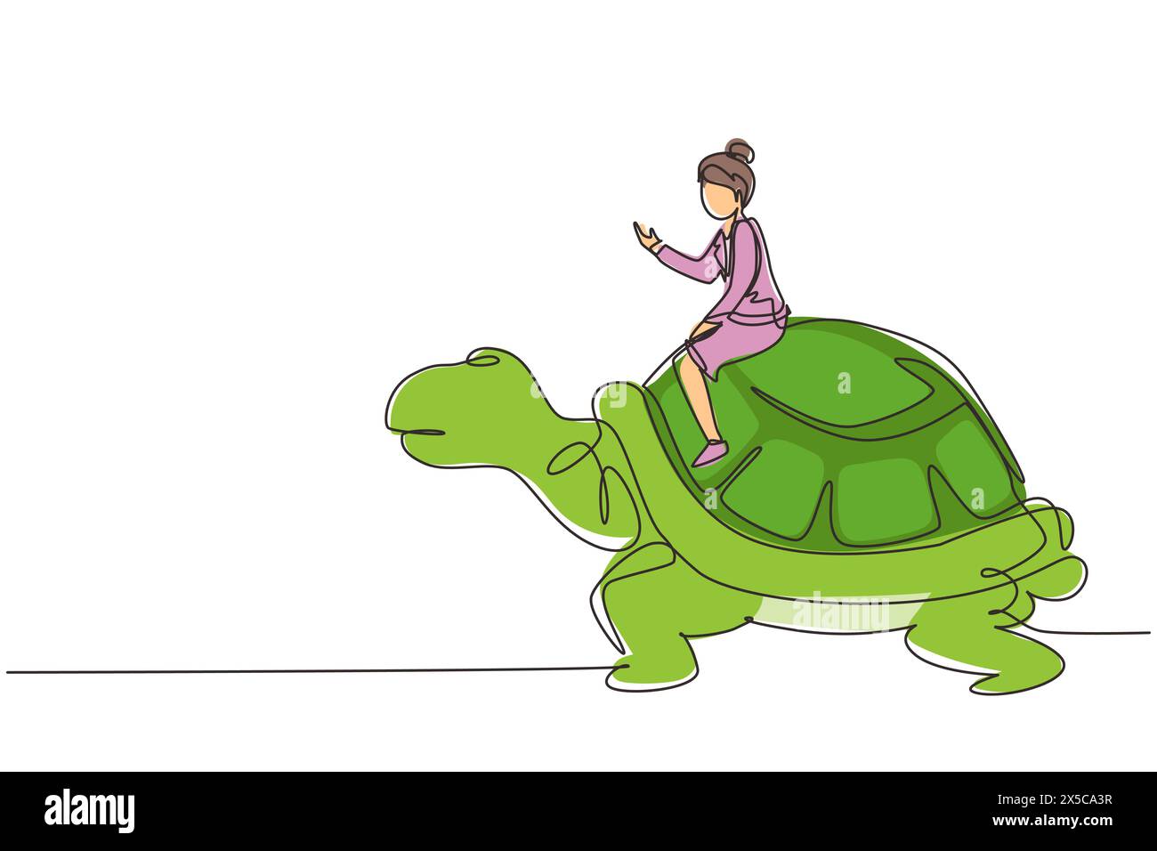 Una linea continua che attira una donna d'affari che cavalca un'enorme tartaruga. Lento movimento verso il successo, manager che guida tartaruga gigante. Concetto di concorrenza aziendale. Illustrazione Vettoriale