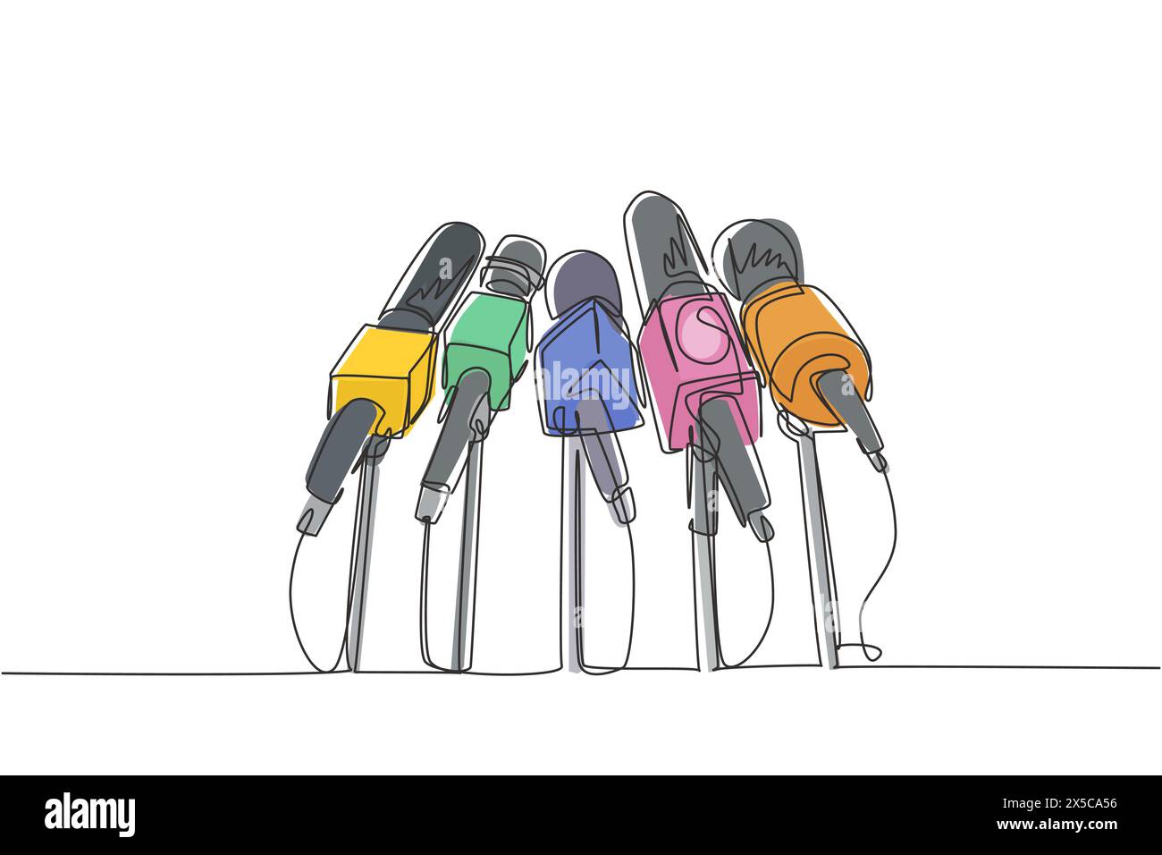 Linea singola continua che disegna un modello di notizie in tempo reale con microfono. Concetto di giornalismo giornalistico. Redattori e intervistatori. Segnali televisivi diversi. Uno Illustrazione Vettoriale