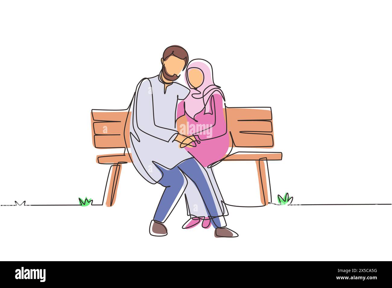 Singola linea continua disegnando una romantica coppia araba. Uomo donna seduto sulla panchina nel parco cittadino. Concetto di famiglia felice. L'intimità celebra l'annullamento del matrimonio Illustrazione Vettoriale