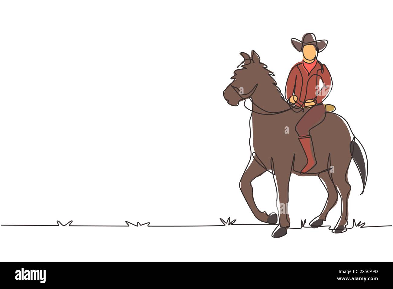 Una linea continua che disegna un cowboy che cavalca in piedi nel deserto. Uomo con cappello da cowboy a cavallo. Gli uomini anziani pongono eleganza a cavallo. Dynami Illustrazione Vettoriale