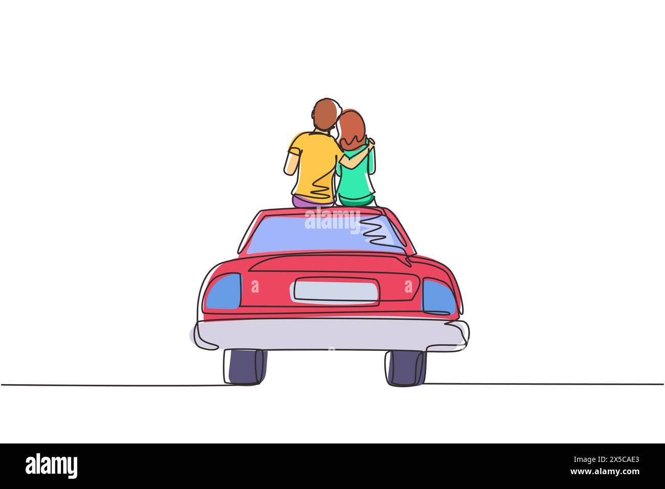 Una sola linea disegna una coppia amorevole seduta sull'auto d'epoca. Coppia felice che si prepara per il matrimonio. Fidanzamento e relazioni d'amore. Moderno Illustrazione Vettoriale