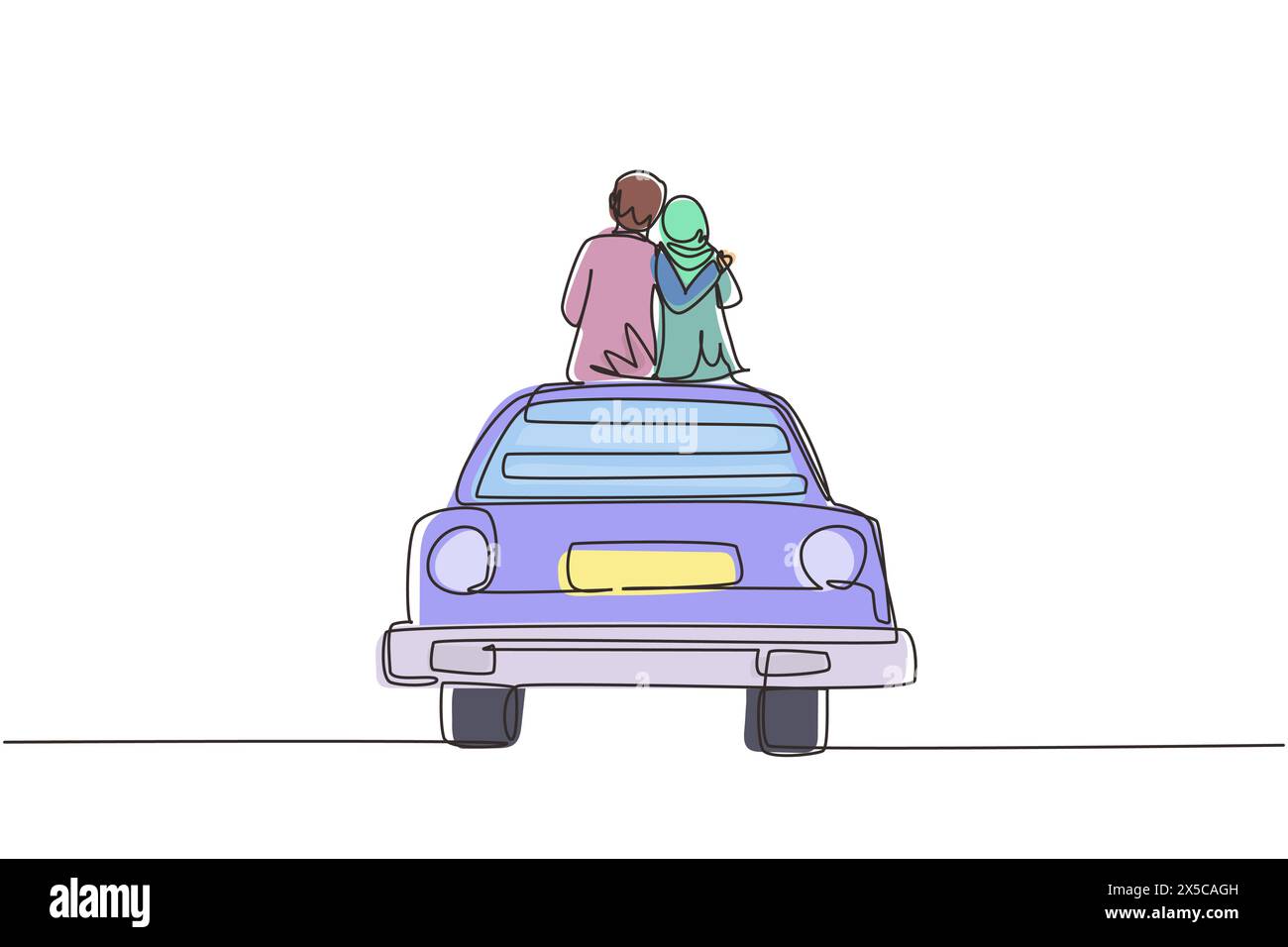 Una linea singola che disegnava una coppia araba amorevole seduta sull'auto d'epoca. Coppia felice che si prepara per il matrimonio. Fidanzamento e relati d'amore Illustrazione Vettoriale