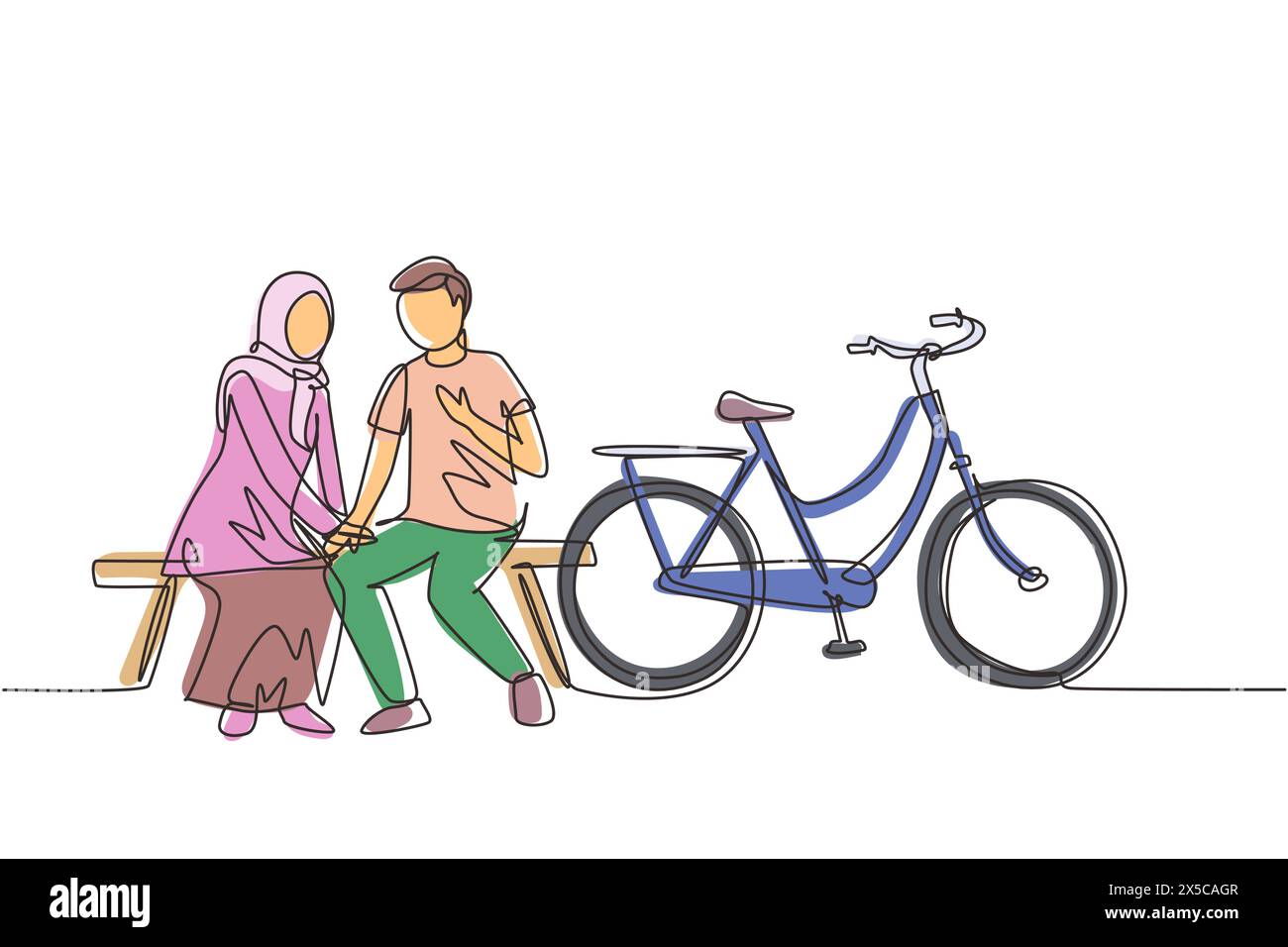 Una linea continua che disegna una romantica coppia araba che chattano seduti sulla panchina. Romantico giro in bicicletta per adolescenti. Giovane uomo e donna innamorati. S Illustrazione Vettoriale