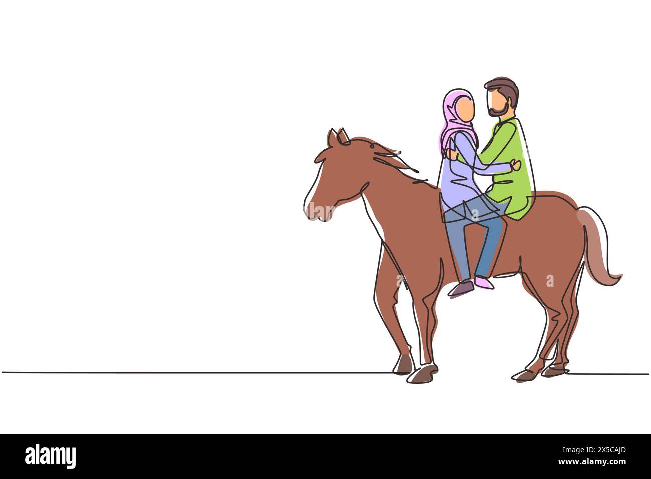 Disegno continuo di una linea di una romantica coppia araba innamorata a cavallo. Coppia felice che si prepara per il matrimonio. Fidanzamento e relazione d'amore. Peccato Illustrazione Vettoriale