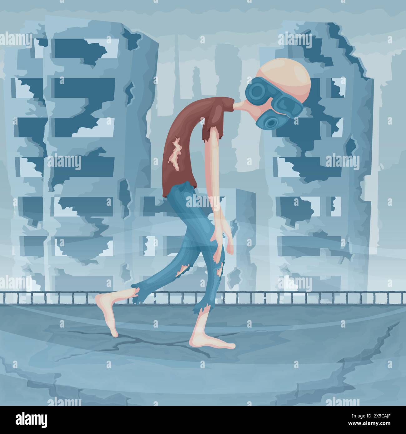 Scena straziante come una persona solitaria con occhiali AR, attraversa una città devastata da una calamità sconosciuta. Tra le rovine post-apocalittiche, un'aria di Illustrazione Vettoriale