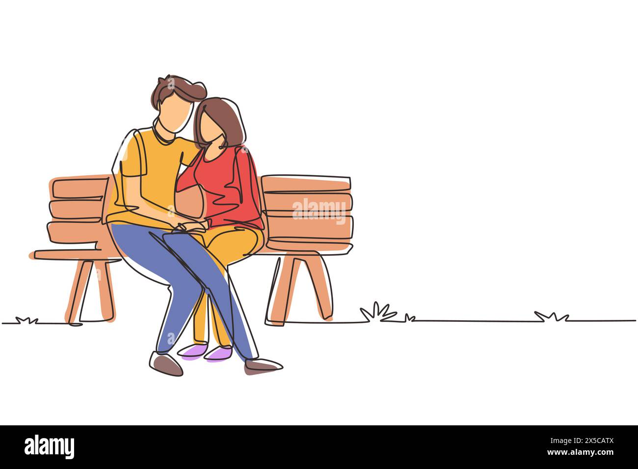 Linea singola continua che disegna una coppia romantica. Uomo donna seduto sulla panchina nel parco cittadino. Concetto di famiglia felice. L'intimità celebra l'anniversario del matrimonio Illustrazione Vettoriale