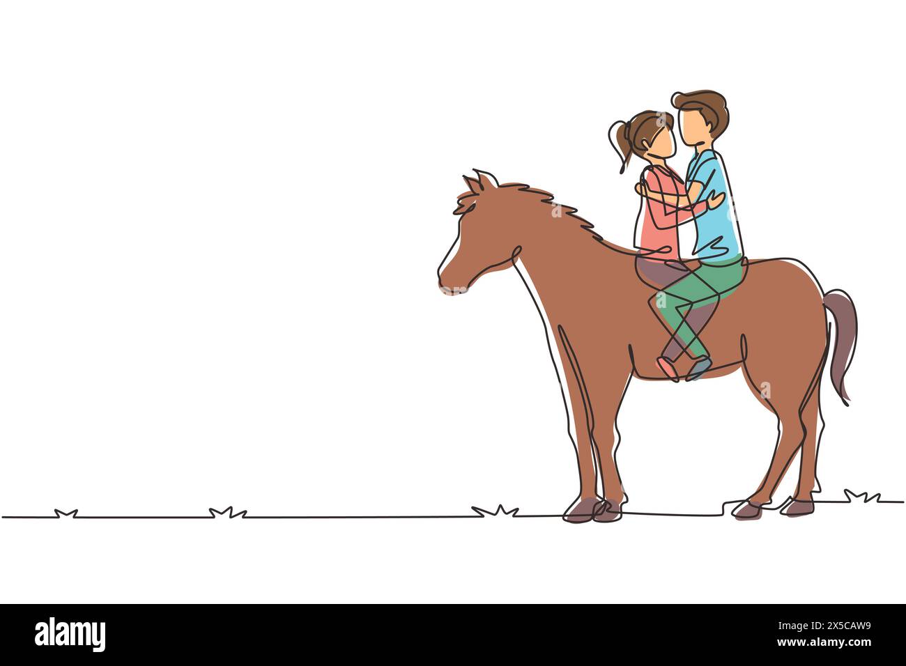 Una sola linea che attira una coppia romantica in amore a cavallo. Coppia felice che si prepara per il matrimonio. Fidanzamento e relazione d'amore. Moderno e continuo Illustrazione Vettoriale