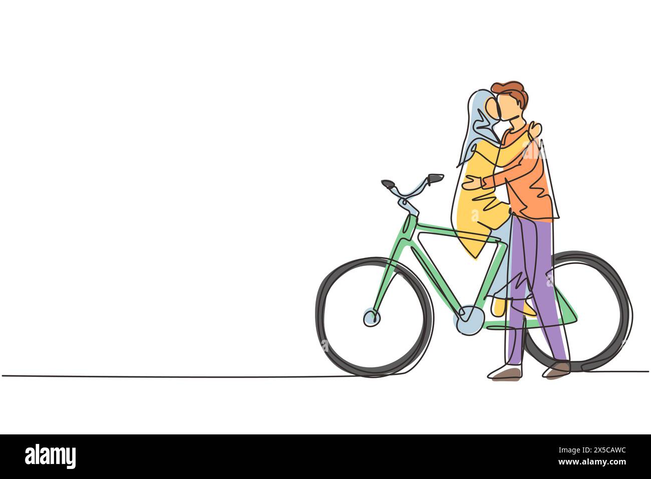 Una linea continua che attira giovani coppie arabe amorevoli sedute in bicicletta e baciate. Relazioni umane romantiche, storia d'amore, famiglia sposata nel miele Illustrazione Vettoriale