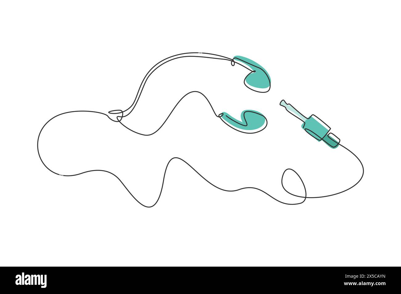 Auricolari musicali bianchi a una linea singola con connettore. Auricolari disegnati a mano. Icona delle mini cuffie nere. Moderno e continuo Illustrazione Vettoriale