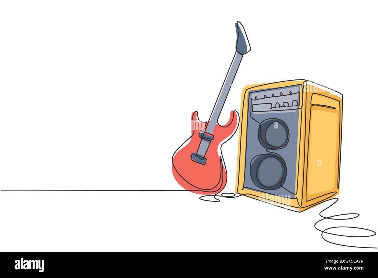 Chitarra elettrica a linea singola continua con amplificatore. Musica rock di sottofondo illuminata con microfono, chitarra elettrica e altoparlanti. O Illustrazione Vettoriale