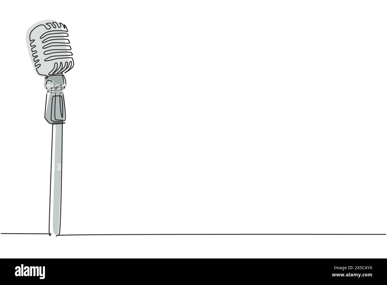 Microfono da palcoscenico vintage a una sola linea. Vecchio concetto di microfono da stand tecnologico per comico a standup comedy show. Moderno e continuo Illustrazione Vettoriale