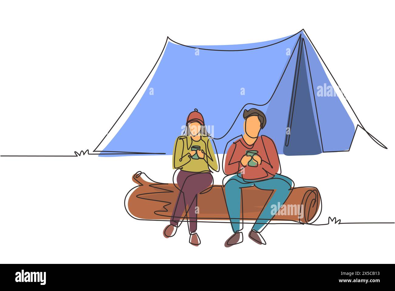 Una coppia di disegnatori a linea continua si siede sul tronco vicino al falò, attività ricreative, romantico campeggio con datteri. Uomo donna beve caffè caldo che si scalda vicino Illustrazione Vettoriale