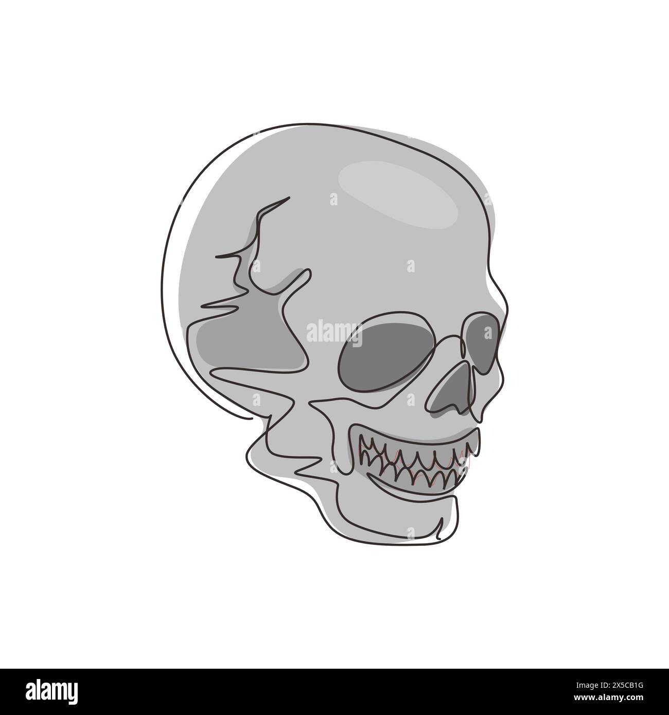 Teschi grafici di disegno su una sola linea isolati su sfondo bianco. L'anatomia affronta elementi vettoriali horror di halloween. Cranio umano inciso con chiuso Illustrazione Vettoriale