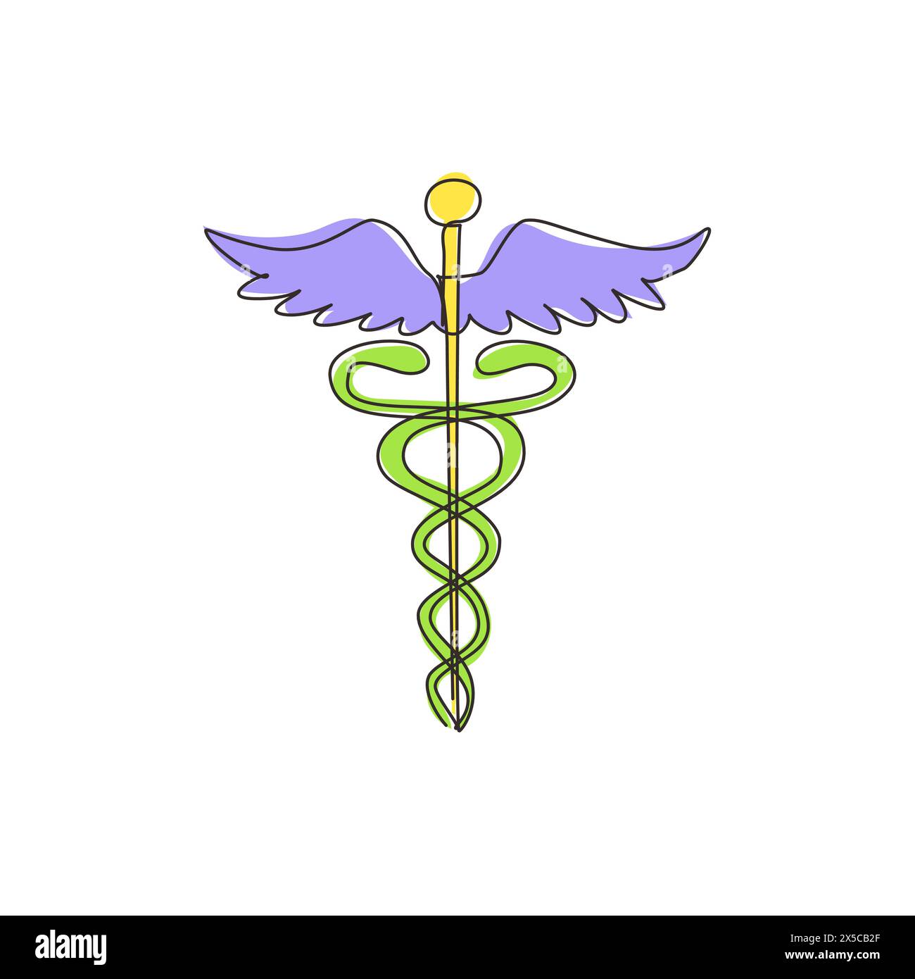 Linea singola continua disegno caduceo, centro medico, farmacia, ospedale con simbolo popolare della medicina. Logo icona assistenza sanitaria medica. Attivazione dinamica Illustrazione Vettoriale