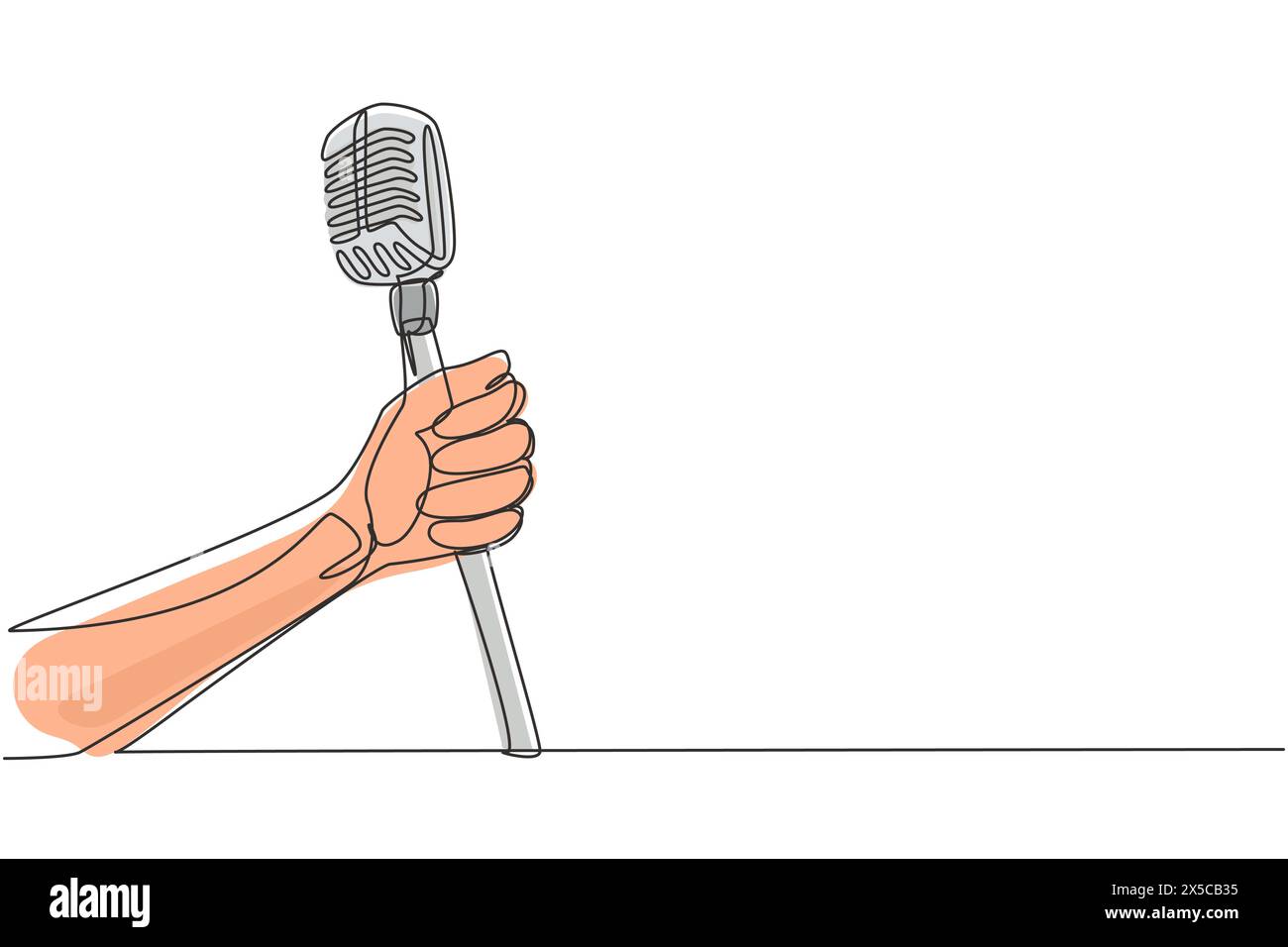 Una linea continua che disegna a mano con un microfono retrò. Disegno stilizzato con incisione vintage. L'uomo del karaoke canta la canzone con un microfono vecchio stile. Cantate Illustrazione Vettoriale