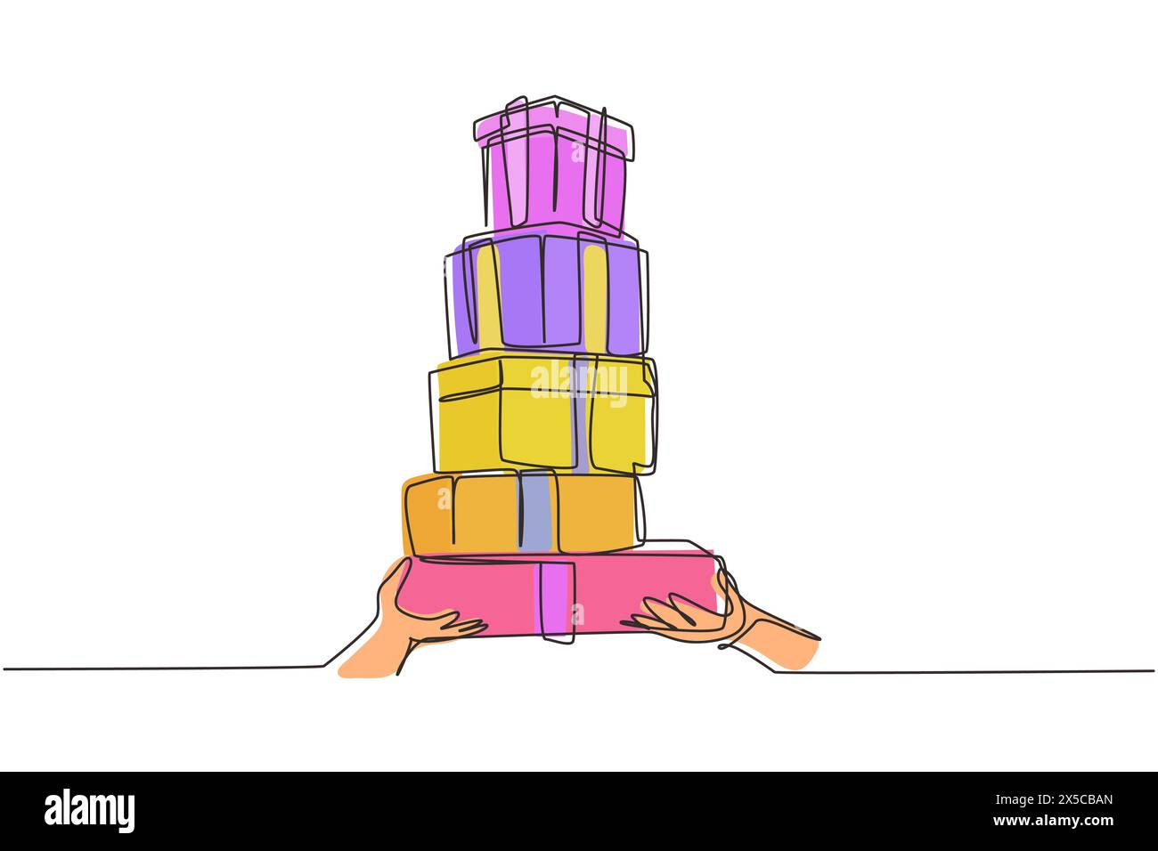 Una linea continua disegna una donna millenaria senza volto che porta una pila di confezioni regalo confezionate su sfondo bianco. Giovane donna che tiene un enorme mucchio di New Yea Illustrazione Vettoriale