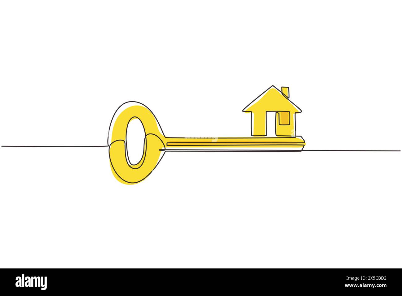 Chiave singola per disegno a una linea con forma di casa. Design del logo della casa della chiave di sicurezza domestica. Concetto immobiliare, modello per vendite, noleggio, pubblicità. Conti Illustrazione Vettoriale