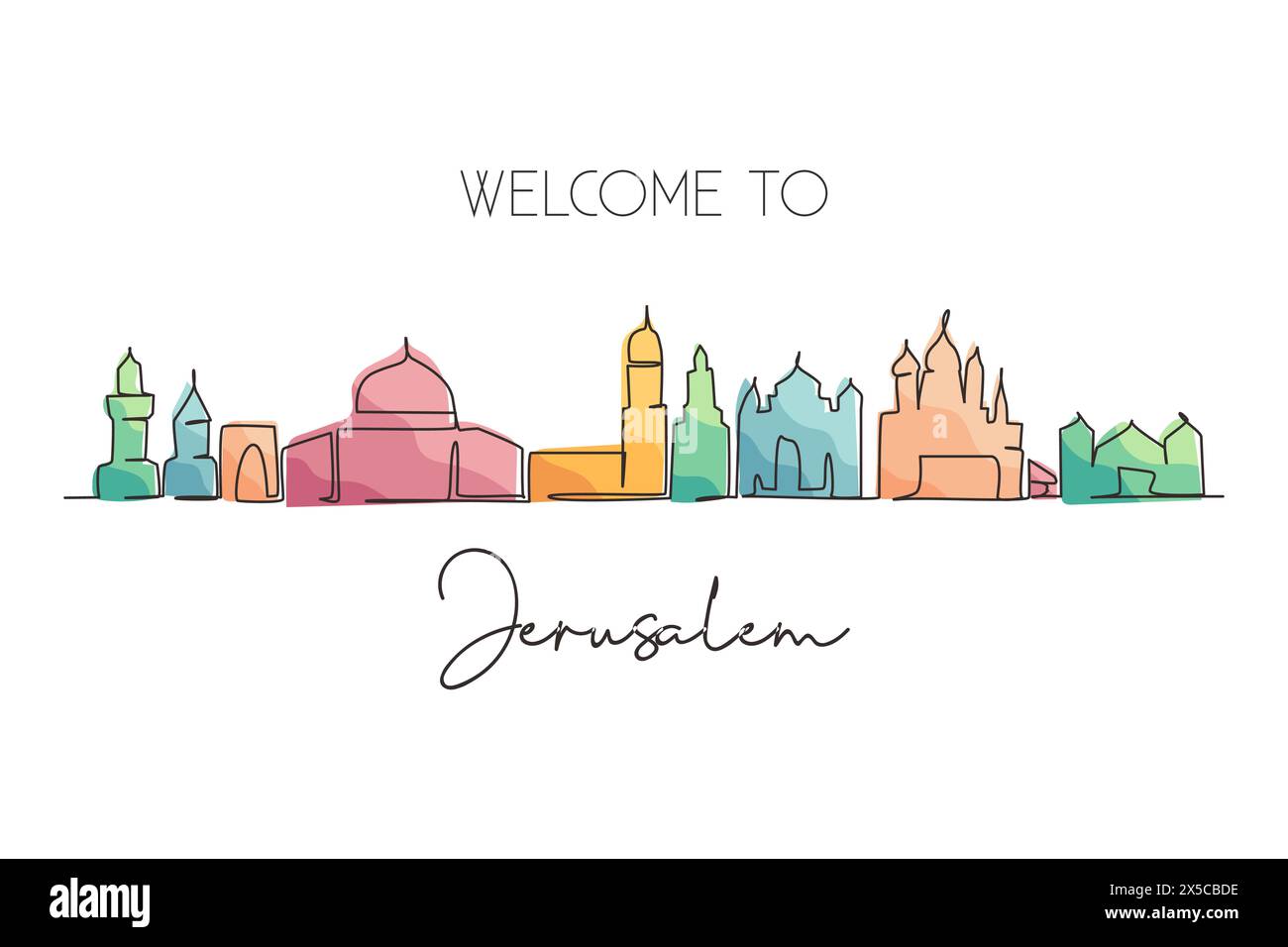 Una sola linea che disegna lo skyline di Gerusalemme, Palestina. Famosa città Santa per la stampa di decorazioni murali. Concetto di viaggio nel mondo. Tratto modificabile Modern Continu Illustrazione Vettoriale
