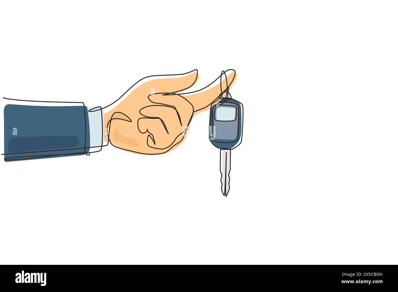 Una sola linea disegnando a mano tenendo in mano la chiave dell'auto appesa e il sistema di allarme. Tenendo a mano la chiave dell'auto con il portachiavi dell'allarme. Mano del responsabile del venditore di auto Illustrazione Vettoriale