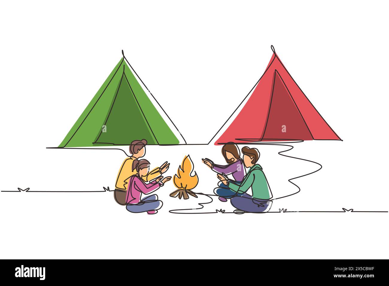Una fila singola che disegna due coppie in campeggio intorno alle tende da campeggio. Un gruppo di uomini e donne si scaldano le mani vicino al falò seduto a terra. Gita nella natura selvaggia Illustrazione Vettoriale