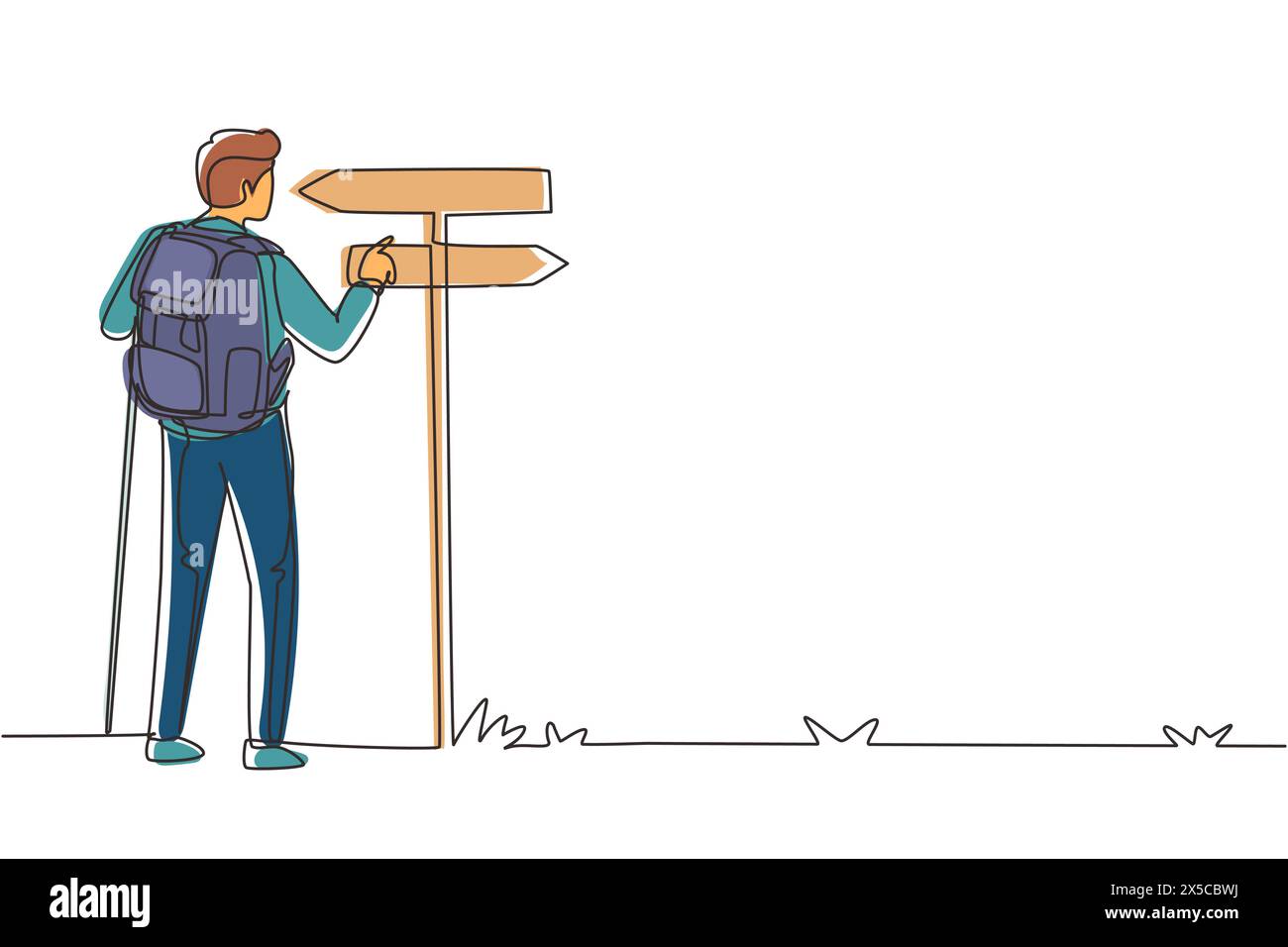 Linea singola continua che disegna la direzione di marcia, escursionista, uomo zaini, escursioni, viaggi e turismo. Trekking, attività ricreative nella natura selvaggia e sport in backpacki Illustrazione Vettoriale