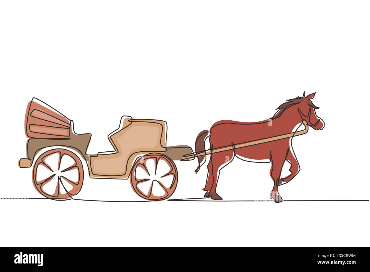 Trasporto d'epoca su una sola linea, carrozza trainata da cavalli. Una vecchia carrozza con un cavallo, un cavallo tira una carrozza dietro di lui. Moderno continentale Illustrazione Vettoriale