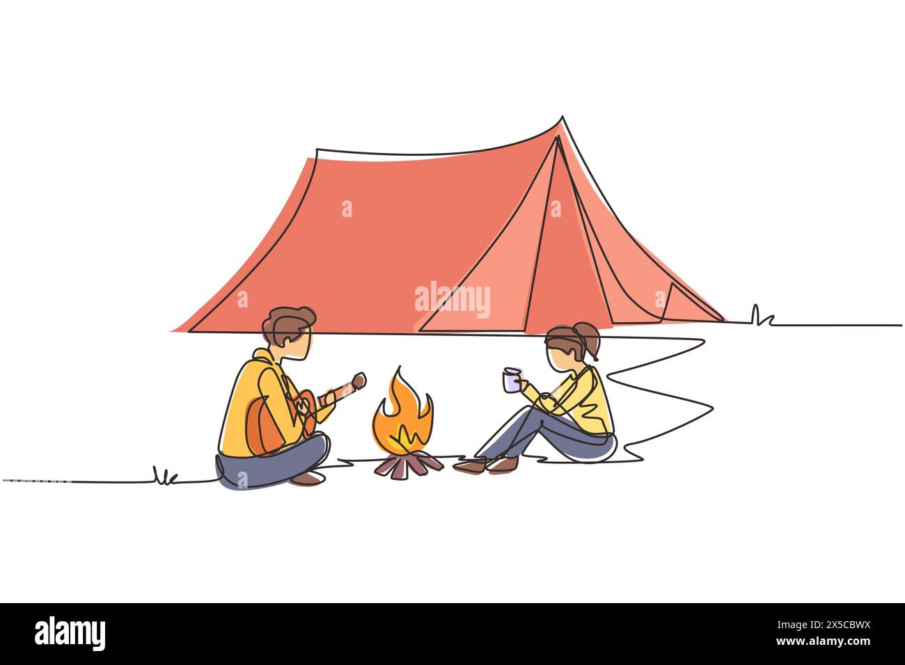 Una linea continua che disegna una coppia di campeggi intorno alle tende da campeggio. Uomo che suona la chitarra e donna che beve tè caldo che si scalda vicino al falò seduto o Illustrazione Vettoriale