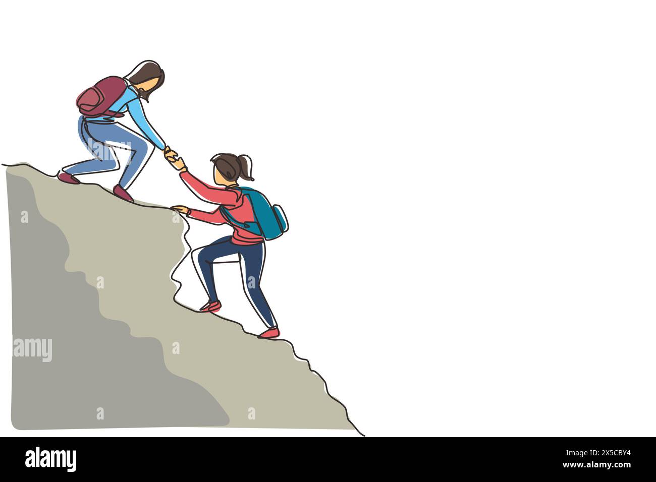 Linea continua che attira due persone donne successo sulla cima della montagna. Un team di scalatori che aiuta la mano sulla cima della montagna. Lavoro di squadra escursioni, fiducia assistenza Illustrazione Vettoriale
