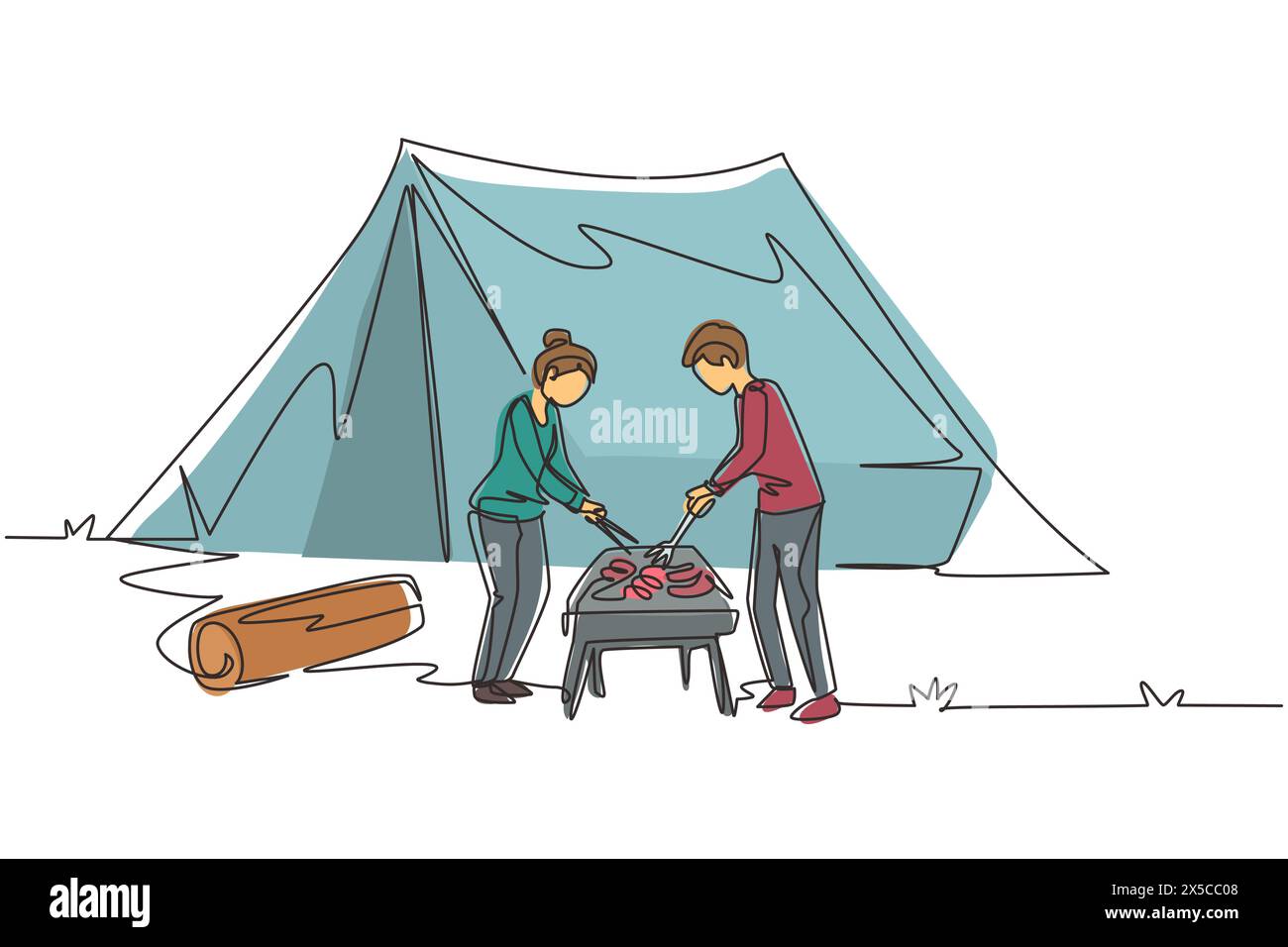 Una sola linea che disegna una coppia felice stanno facendo un barbecue in montagna. Uomo donna in campeggio nella foresta, attività ricreative, appuntamento romantico fuori città. C Illustrazione Vettoriale