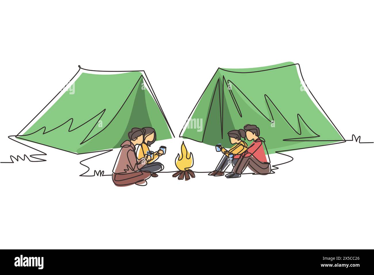 Una linea continua che attira due coppie in campeggio intorno alle tende da campeggio. Gruppo di uomini e donne seduti a terra e bevendo tè caldo che si scaldano vicino a bonf Illustrazione Vettoriale