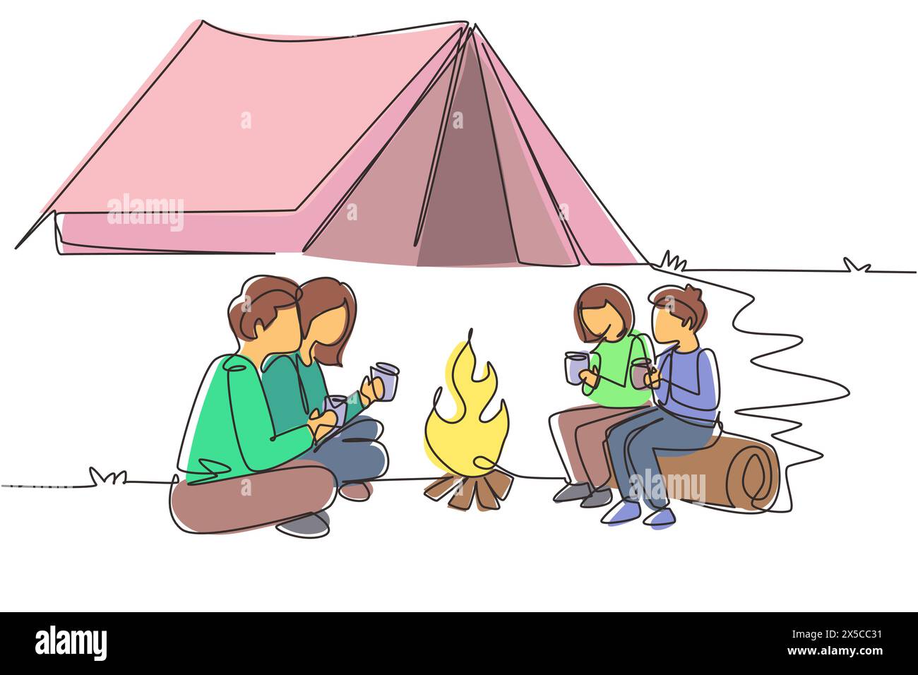 Linea singola continua che disegna felicemente la famiglia campeggiando con il fuoco e bevendo tè caldo. Bambini seduti sui tronchi, mamma papà seduto a terra nella foresta. Wil Illustrazione Vettoriale