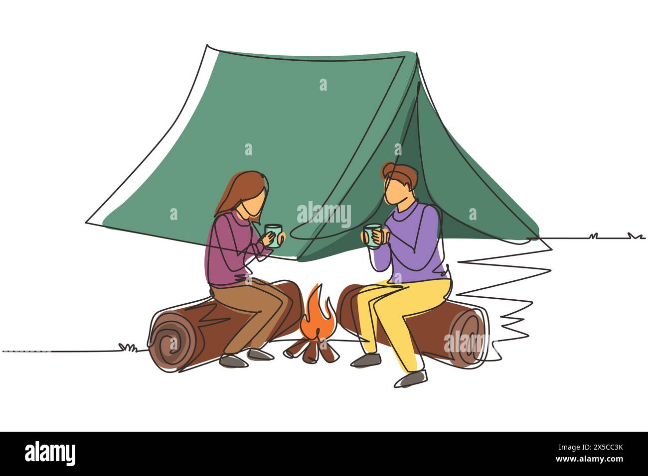 Coppia singola con una fila vicino al falò, appuntamento romantico fuori città, campeggio. Uomo e donna si riscaldano vicino al fuoco e bevono il tè seduti Illustrazione Vettoriale