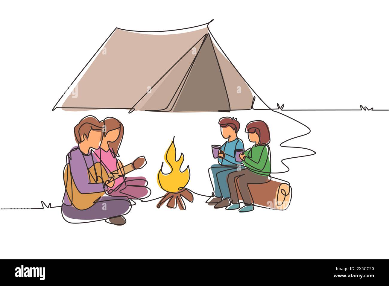 Una linea continua attira le famiglie turistiche che campeggiano con fuoco da campeggio e bevono tè caldo. Bambini seduti sui tronchi. Papà che suona la chitarra e siediti a terra con lui Illustrazione Vettoriale