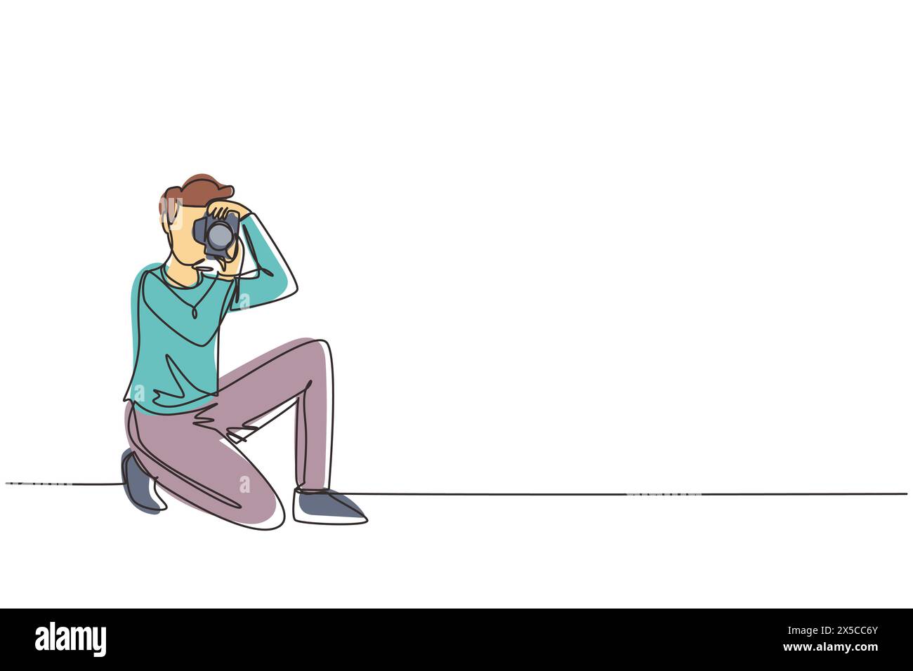 Disegno continuo su una sola linea il fotografo felice sta scattando foto con la fotocamera reflex digitale. Personaggio maschile in piedi a tutta lunghezza e riprese. Fotografia in studio Illustrazione Vettoriale